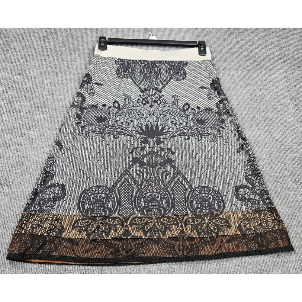 Metro Wear Damask Print A-Line Midi Skirt Grey Black Gold Lace Trim Size Medium